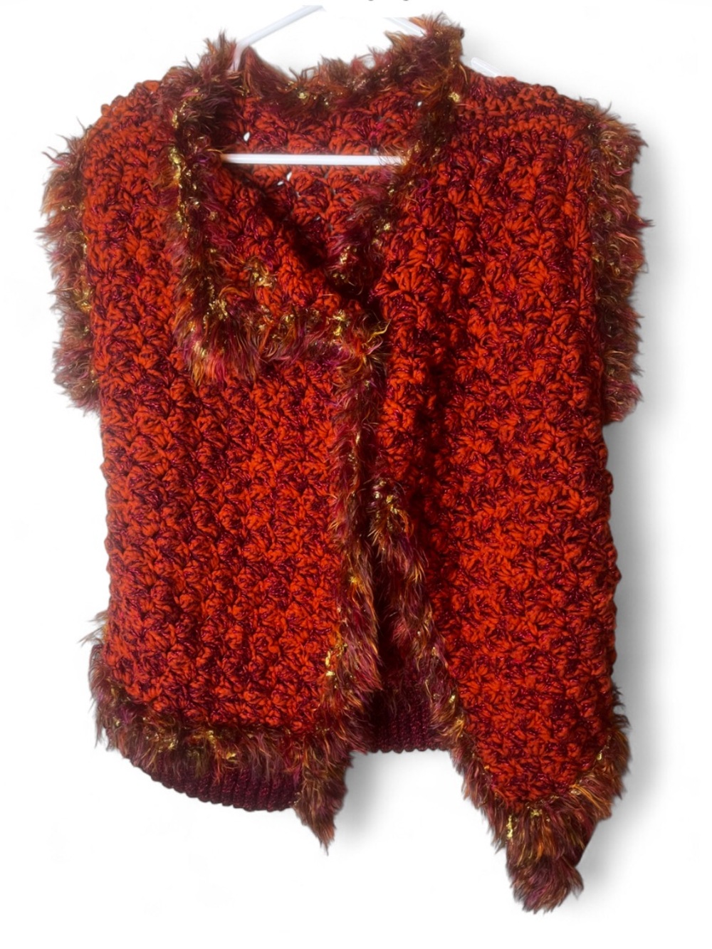 Vibrant Rust Red & Orange Handmade Crochet Vest with Shaggy Eyelash Trim
